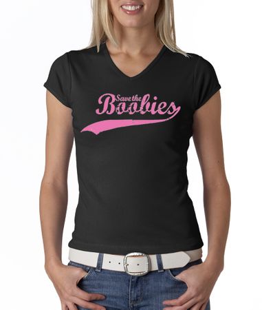 Breast Cancer Ladies T-shirt V-neck Save The Boobies Black Tee