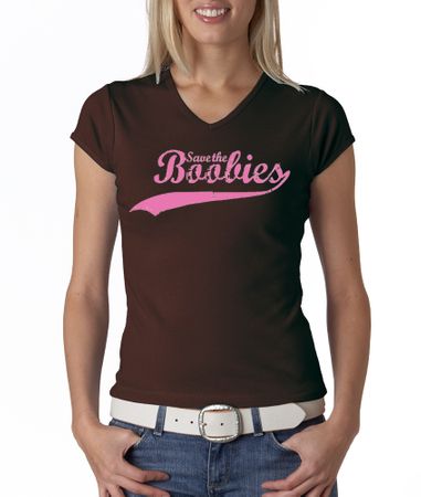 Breast Cancer Ladies T-shirt V-neck Save The Boobies Brown Tee