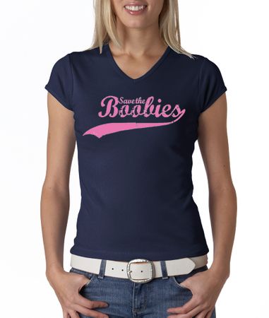 Breast Cancer Ladies T-shirt V-neck Save The Boobies Navy Tee