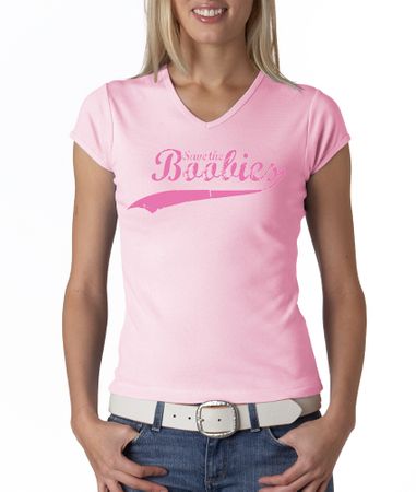 Breast Cancer Ladies T-shirt V-neck Save The Boobies Pink Tee