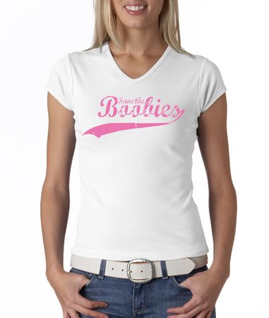 Breast Cancer Ladies T-shirt V-neck Save The Boobies White Tee