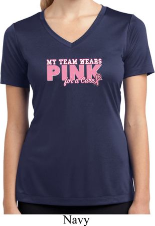 Breast Cancer My Team Wears Pink Ladies Moisture Wicking V-neck Shirt