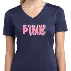 Breast Cancer My Team Wears Pink Ladies Moisture Wicking V-neck Shirt