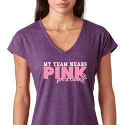 Breast Cancer My Team Wears Pink Ladies Tri Blend V-Neck Shirt