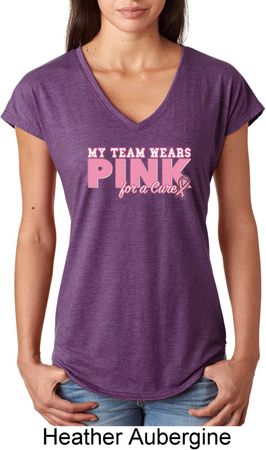 Breast Cancer My Team Wears Pink Ladies Tri Blend V-Neck Shirt