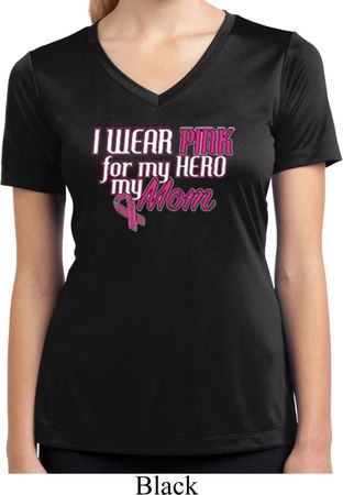 Breast Cancer Pink for My Hero Ladies Moisture Wicking V-neck Shirt