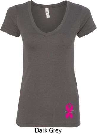 Breast Cancer Pink Ribbon Pin Bottom Print Ladies V-Neck Shirt