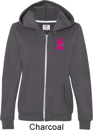 Breast Cancer Pink Ribbon Pin Pocket Print Ladies Full Zip Hoodie