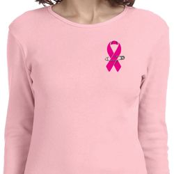 Breast Cancer Pink Ribbon Pin Pocket Print Ladies Long Sleeve Shirt