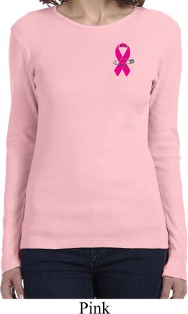Breast Cancer Pink Ribbon Pin Pocket Print Ladies Long Sleeve Shirt