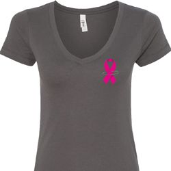 Breast Cancer Pink Ribbon Pin Pocket Print Ladies V-Neck Shirt