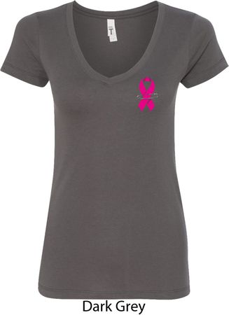 Breast Cancer Pink Ribbon Pin Pocket Print Ladies V-Neck Shirt