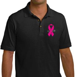Breast Cancer Pink Ribbon Pin Pocket Print Mens Pique Polo Shirt