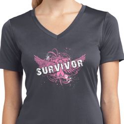 Breast Cancer Survivor Wings Ladies Moisture Wicking V-neck Shirt
