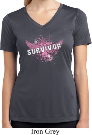 Breast Cancer Survivor Wings Ladies Moisture Wicking V-neck Shirt