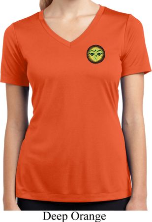 Buddha Eyes Patch Pocket Print Ladies Moisture Wicking V-neck Shirt