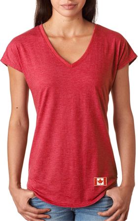 Canada Flag Patch Bottom Print Ladies Tri Blend V-neck