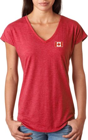 Canada Flag Patch Pocket Print Ladies Tri Blend V-neck