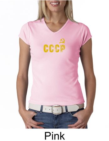 CCCP Ladies T-shirt Soviet Union USSR Russia Insignia V-neck Shirt