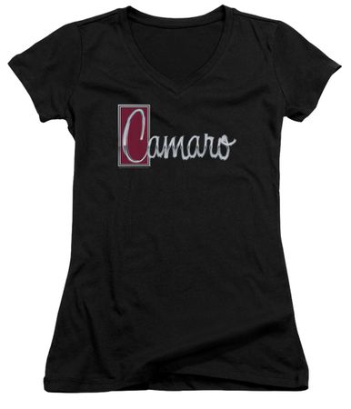Chevy Juniors V Neck Shirt Camaro Chrome Script Black T-Shirt