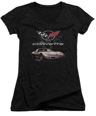 Chevy Juniors V Neck Shirt Corvette Checkered Past Black T-Shirt