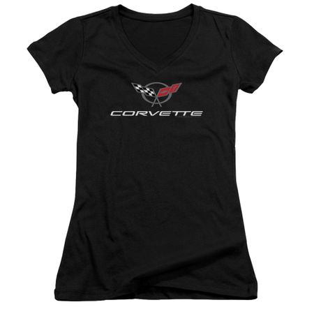 Chevy Juniors V Neck Shirt Corvette Emblem Black T-Shirt