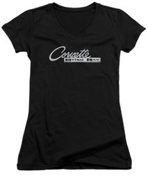 Chevy Juniors V Neck Shirt Corvette Sting Ray Chrome Logo Black T-Shirt