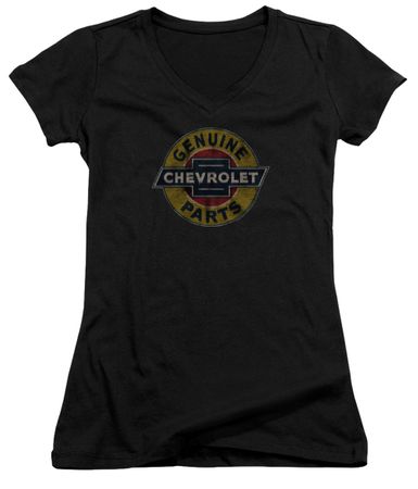 Chevy Juniors V Neck Shirt Genuine Parts Distressed Sign Black T-Shirt