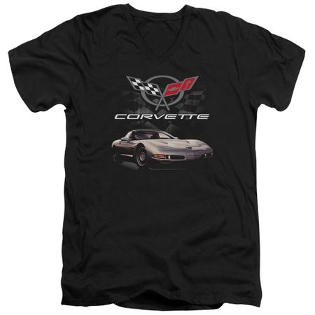 Chevy Slim Fit V-Neck Shirt Corvette Checkered Past Black T-Shirt