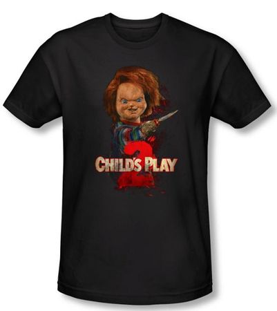 Child's Play 2 T-shirt Movie Here's Chucky Black Slim Fit Tee Shirt