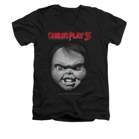 Child's Play 3 Shirt Slim Fit V Neck Face Poster Black Tee T-Shirt