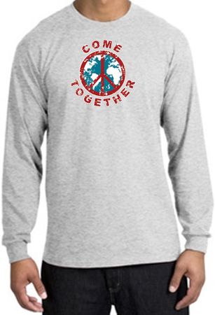 COME TOGETHER World Peace Sign Symbol Adult Long Sleeve T-shirt - Ash