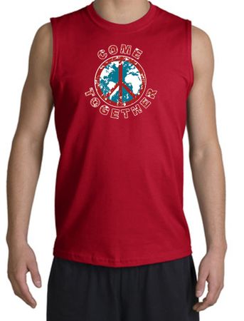 COME TOGETHER World Peace Sign Symbol Adult Muscle Shirt Shooter - Red