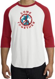 COME TOGETHER World Peace Sign Symbol Adult Raglan T-shirt - White/Red COME TOGETHER World Peace Sign Symbol Adult Raglan T-shirt - White/Red