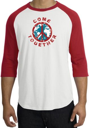 COME TOGETHER World Peace Sign Symbol Adult Raglan T-shirt - White/Red