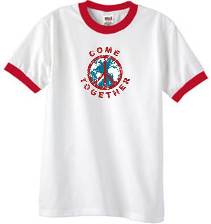 COME TOGETHER World Peace Sign Symbol Adult Ringer T-shirt - White/Red