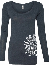 Sketch Lotus Side Print Ladies Yoga Triblend Long-Sleeve Scoop Tee Shirt