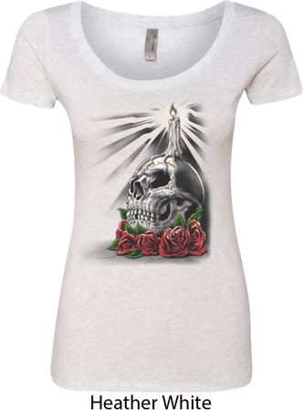 Day of the Dead Candle Skull Ladies Heather White Scoop Neck Shirt