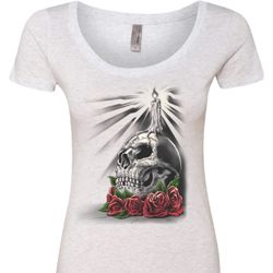 Day of the Dead Candle Skull Ladies Heather White Scoop Neck Shirt