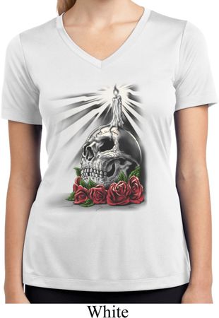 Day of the Dead Candle Skull Ladies White Moisture Wicking V-neck