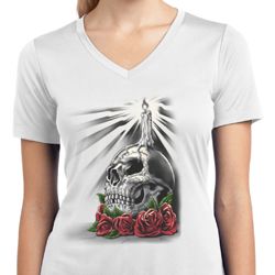 Day of the Dead Candle Skull Ladies White Moisture Wicking V-neck