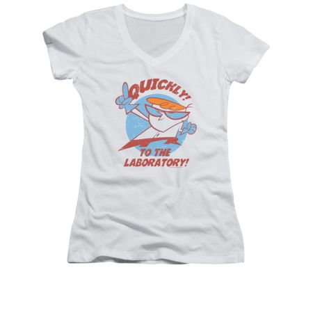 Dexter's Laboratory Shirt Juniors V Neck Quickly White Tee T-Shirt