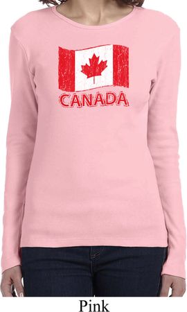 Distressed Canada Flag Ladies Long Sleeve Shirt