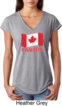 Distressed Canada Flag Ladies Tri Blend V-Neck Shirt