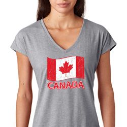 Distressed Canada Flag Ladies Tri Blend V-Neck Shirt