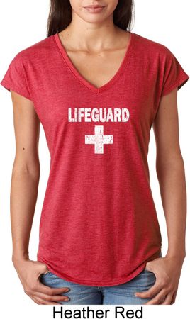 Distressed Lifeguard Ladies Tri Blend V-Neck Shirt