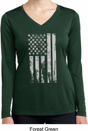 Distressed Stars and Stripes Flag Ladies Dry Wicking Long Sleeve Shirt