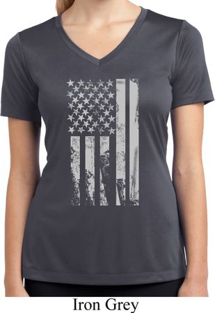 Distressed Stars and Stripes Flag Ladies Moisture Wicking V-neck Shirt