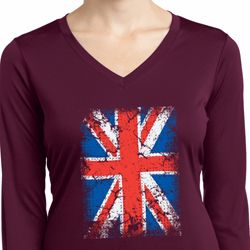 Distressed Union Jack Flag Ladies Dry Wicking Long Sleeve Shirt