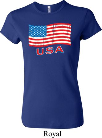Distressed USA Flag Ladies Crewneck Shirt